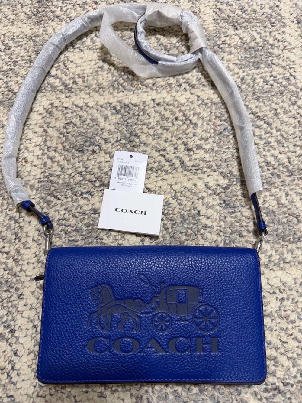 Coach Royal Blue Anna Foldover Leather Crossbody Bag with Embossed Carriage
